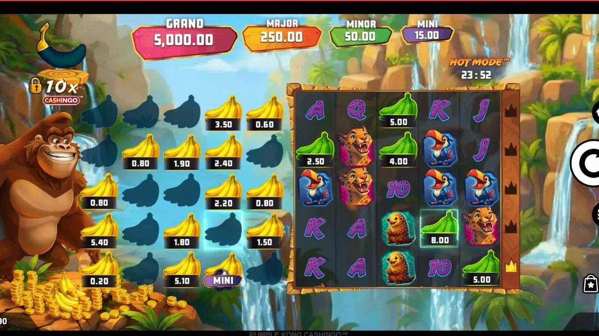 Rumble Kong Cashingo slot machine interface na may neon city backdrop at giant ape